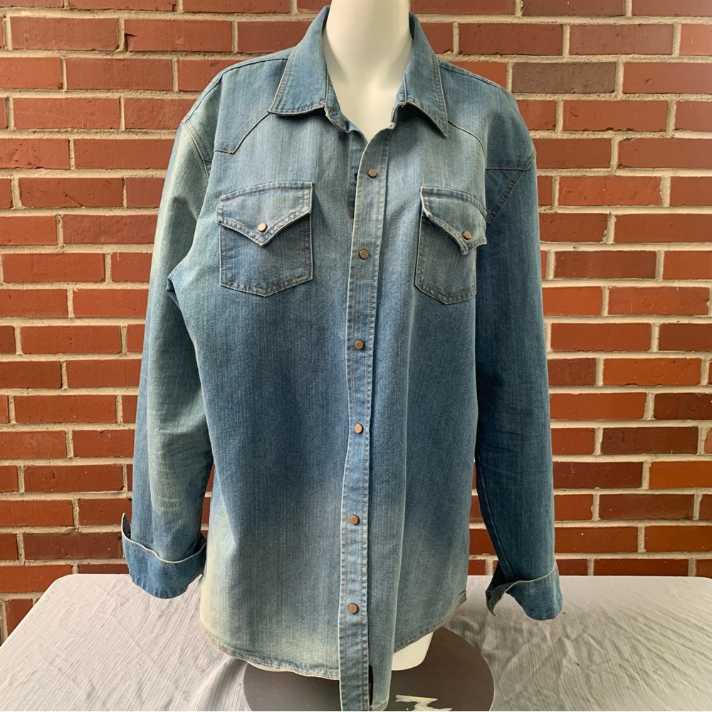 Ladies stonewashed denim Ring of Fire western long sleeve snap shirt pockets XXL
